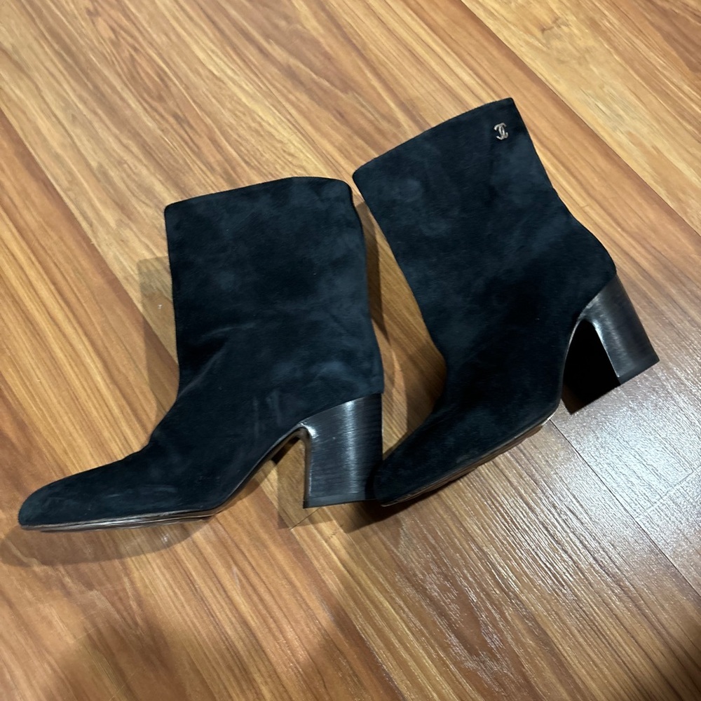Chanel suede cc logo bootie with 2 1/2" heel in black